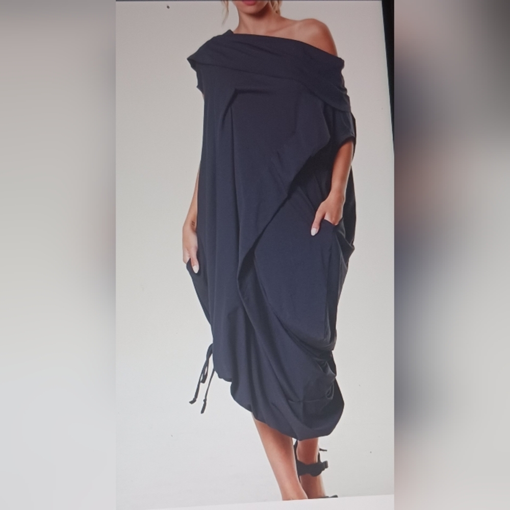 Boho Chic Dark Grey Soft Jersey Cotton Draped Dress With 2 Side Pockets